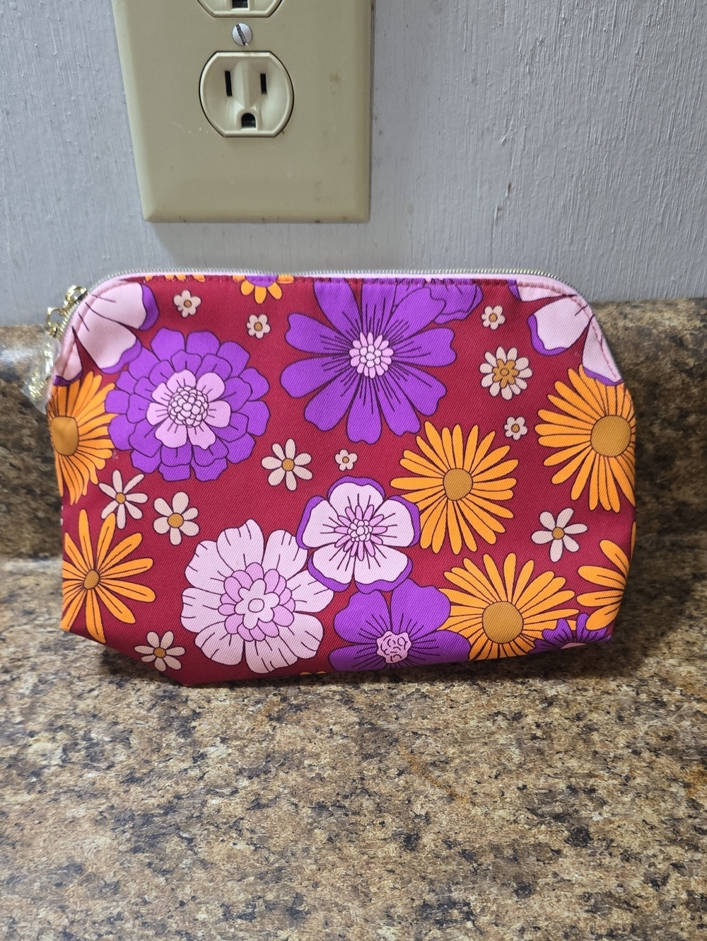 Estee Lauder Red Floral Cosmetic Pouch with Purple & Orange Blooms NWOT